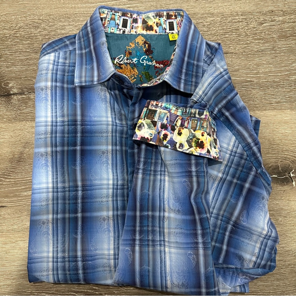 Robert‎ Graham Blue Plaid Paisley Button Down Shirt Contrast Cuffs Men’s XL